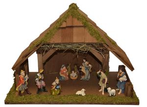 4251020760306 - Krippe ALFRED KOLBE Krippenstall braun WeihnachtskrippenB47cm H25cm T28cm Holz mit 12 cm Poly-Figuren 12tlg B47cm H25cm T28cm