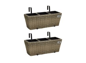 4251083901142 - Polyrattan Balkonkasten 2 Stück inkl Aufhängung 47 x 17 x 15 cm 3er Kunststoffeinsatz naturfarbe