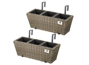 4251083911509 - Polyrattan Balkonkasten 2 Stück inkl Aufhängung 47 x 17 x 15 cm 3er Kunststoffeinsatz cappuccino