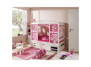 4251105929093 - TiCAA Hausbett Mini mit Bettkasten Horse Pink Kiefer Weiß