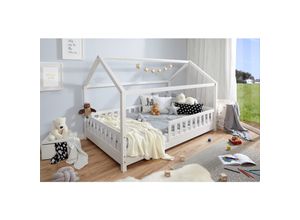 4251105957348 - TiCAA Kinderbett Hausbett Kay 120x200 Kiefer weiß für Jungen & Mädchen inkl Rolllattenrost Rausfallschutz variabel Montessori Bett weiß aus Kiefer Massivholz