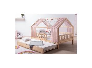 4251105966838 - TiCAA TiCAA Kinderbett Hausbett mit Tüll Kim 90x200 cm 100x200 cm 120x200 cm 140x200 für Jungen & Mädchen inkl Rolllattenrost Zusatzbett und Rausfallschutz variabel Montessori Bett Natur aus Kiefer Massivholz