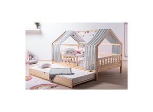 4251105966876 - TiCAA TiCAA Kinderbett Hausbett mit Tüll Kim 90x200 cm 100x200 cm 120x200 cm 140x200 für Jungen & Mädchen inkl Rolllattenrost Zusatzbett und Rausfallschutz variabel Montessori Bett Natur aus Kiefer Massivholz