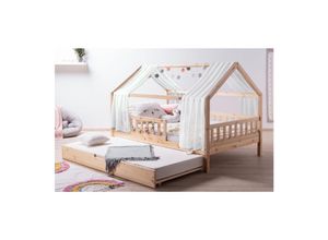 4251105966913 - TiCAA TiCAA Kinderbett Hausbett mit Tüll Kim 90x200 cm 100x200 cm 120x200 cm 140x200 für Jungen & Mädchen inkl Rolllattenrost Zusatzbett und Rausfallschutz variabel Montessori Bett Natur aus Kiefer Massivholz