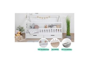 4251105969082 - TiCAA Kinderbett Hausbett Montessori Kay 90x200 100x200 cm 120x200 cm 140x200 für Jungen & Mädchen mit Schubladen Rausfallschutz & Rolllattenrost - aus Kiefer Massivholz für Kinderzimmer