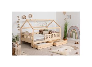 4251105969181 - TiCAA Kinderbett Hausbett Montessori Kay 90x200 100x200 cm 120x200 cm 140x200 für Jungen & Mädchen mit Schubladen Rausfallschutz & Rolllattenrost - aus Kiefer Massivholz für Kinderzimmer