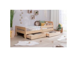 4251105970675 - TiCAA Einzelbett Kinderbett Jugendbett Bennet mit Schubkasten Rausfallschutz & Lattenrost für Schlafzimmer Kinderzimmer Kiefer Massivholz Bettgestell 90 x 200 cm