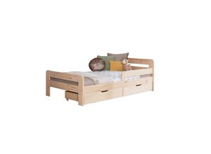 4251105970705 - TiCAA Einzelbett Kinderbett Jugendbett Bennet mit Schubkasten Rausfallschutz & Lattenrost für Schlafzimmer Kinderzimmer Kiefer Massivholz Bettgestell 90 x 200 cm