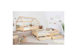 4251105971825 - TiCAA 2 in 1 TiCAA Hausbett Bodenbett wandelbar mit abnehmbaren Dach Duo 90x200 cm für Jungen & Mädchen inkl Rolllattenrost Schubkasten und Rausfallschutz variabel Montessori Bett weiß aus Kiefer Massivholz