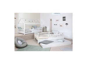 4251105972020 - TiCAA 2 in 1 TiCAA Hausbett Bodenbett wandelbar mit abnehmbaren Dach Duo 90x200 cm für Jungen & Mädchen inkl Rolllattenrost Zusatzbett und Rausfallschutz variabel Montessori Bett weiß aus Kiefer Massivholz