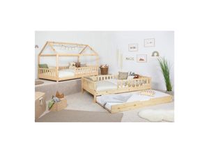 4251105972037 - TiCAA 2 in 1 TiCAA Hausbett Bodenbett wandelbar mit abnehmbaren Dach Duo 90x200 cm für Jungen & Mädchen inkl Rolllattenrost Zusatzbett und Rausfallschutz variabel Montessori Bett weiß aus Kiefer Massivholz