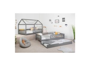 4251105972044 - TiCAA 2 in 1 TiCAA Hausbett Bodenbett wandelbar mit abnehmbaren Dach Duo 90x200 cm für Jungen & Mädchen inkl Rolllattenrost Zusatzbett und Rausfallschutz variabel Montessori Bett weiß aus Kiefer Massivholz