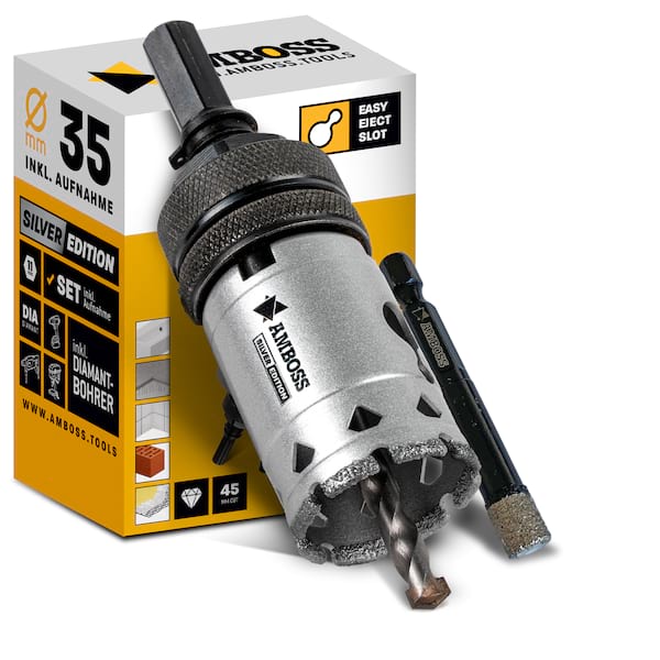 4251128795590 - Set Silver Edition Diamant Lochsäge 35mm + Aufnahme + 7mm Diamant Bohrer 4251128795590 - Set Silver Edition Diamant Lochsäge 35mm + Aufnahme + 7mm Diamant Bohrer