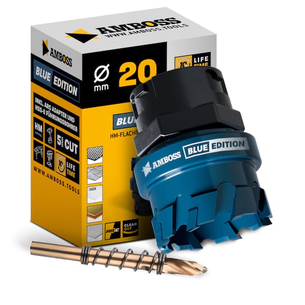 4251128795743 - HM Flachschnitt Lochsäge BLUE EDITION 20 mm - mit Adapter 4251128795743 - HM Flachschnitt Lochsäge BLUE EDITION 20 mm - mit Adapter