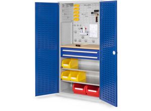 4251142217184 - Werkzeugschrank Türen mit Schlitzplatten Werkbankplatte 2 Schubl + 2 Fachb BxTxH 1000x600x1950 ral 7035 5010