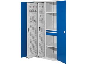 4251142218884 - Schwerlastschrank Vollblechtüren 2 Vertikalauszüge 3 Fachböden 1 Schubl BxTxH 1000x600x1950 mm ral 7035