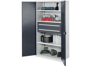 4251142238325 - Schwerlastschrank Vollblechtüren 3 Fachböden 2 Schubl175 mm BxTxH 1000x600x1950 mm ral 7035 7016