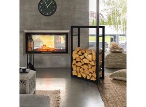 4251155593138 - Kaminholzregal rechteckig 60x100x25 cm Schwarz aus Metall Innen Außen Brennholzregal Holzaufbewahrung aus beschichteter Stahl Kaminholzständer