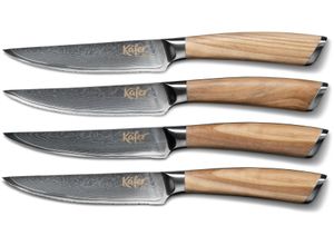 4251170703581 - Steakbesteck KÄFER Essbesteck-Sets Gr 4 tlg grau (edelstahl) Steakbesteck Olivenholz Griffe Klingen aus 67-lagigem Damaszenerstahl 4-teilig