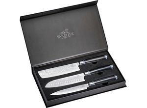 4251170704427 - SABATIER International Messer-Set (Set 3-tlg 1x Damast Santoku 1x Damast Nakiri 1x Damast Sashimi) 67-lagiger geschmiedeter Damast-Klingenstahl schwarz|silberfarben