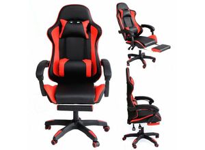 4251258941133 - - Gamingstuhl Bürostuhl Chefsessel Schreibtischstuhl Schwarz Rot + Fußablage Drehstuhl Gaming Stuhl Sportsitz Höhenverstellbar