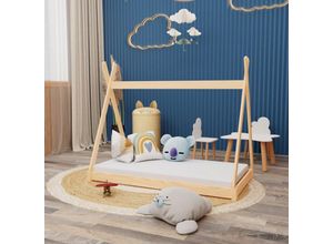 4251259420743 - Montessori Kinderbett 140x70cm natur Tipi Spielbett Zeltform Holz bodentief mit Lattenrost mit Oeko-Tex 100 Matratze - Natur