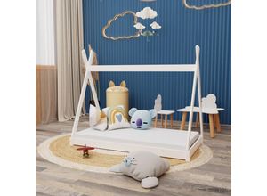 4251259421627 - Montessori Kinderbett 140x70cm weiß Tipi Spielbett Zeltform Holz bodentief mit Lattenrost mit Oeko-Tex 100 Matratze - Weiß 4251259421627 - Montessori Kinderbett 140x70cm weiß Tipi Spielbett Zeltform Holz bodentief mit Lattenrost mit Oeko-Tex 100 Matratze - Weiß
