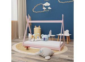 4251259424796 - Montessori Kinderbett 140x70cm rosa Tipi Spielbett Zeltform Holz bodentief mit Lattenrost mit Oeko-Tex 100 Matratze - Rosa