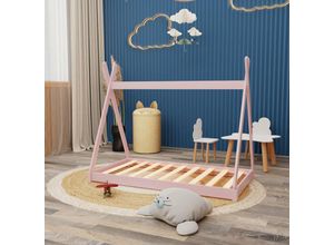 4251259424802 - Hago - Montessori Kinderbett 140x70cm rosa Tipi Spielbett Zeltform Holz bodentief mit Lattenrost - Rosa