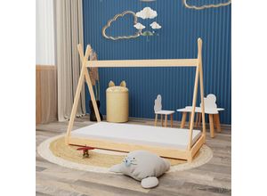 4251259424949 - Hago - Montessori Kinderbett 160x80cm natur Tipi Spielbett Zeltform Holz bodentief mit Lattenrost - Natur