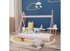 4251259426189 - Montessori Kinderbett 160x80cm rosa Tipi Spielbett Zeltform Holz bodentief mit Lattenrost mit Oeko-Tex 100 Matratze - Rosa