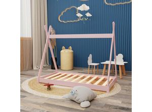 4251259426196 - Hago - Montessori Kinderbett 160x80cm rosa Tipi Spielbett Zeltform Holz bodentief mit Lattenrost - Rosa