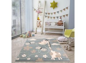 4251275407438 - Kinderteppiche Giraffe mit Schmetterling und Blumen Kinderteppich für Mädchen und Jungs Teppich für Kinderzimmer Blau Kinderzimmerteppiche 160x230 cm