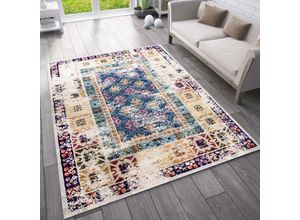 4251275413835 - Vimoda - Teppich Vintage Orient Wohnzimmer Kurzflor Blau Terra Creme80x150 cm