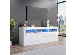 4251280143895 - Okwish - Glänzender TV-Ständer 160 x 35 x 60 cm mit LED-Beleuchtung 3 offene Fächer 2 Türen 2 Schubladen intelligente App-Steuerung für