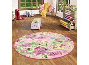 4251314601636 - - Kinder Spiel Teppich Girls Rosa Village Rund - 100 cm Rund