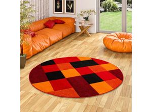 4251314653239 - Designer Teppich Brilliant Rot Orange Karo Rund - 200 cm Rund