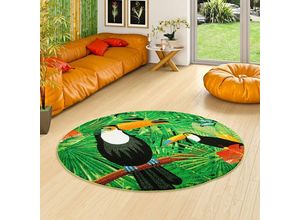 4251314667618 - - Designer Teppich Faro Tropical Tukan Grün Rund - 160 cm Rund