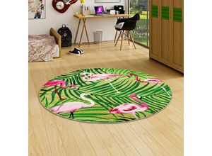 4251314667700 - - Designer Teppich Faro Tropical Flamingos Grün Rund - 160 cm Rund