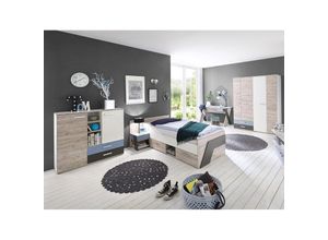 4251324911404 - Lomadox - Jugendzimmer Set mit Schreibtisch 5-teilig LEEDS-10 in Sandeiche Nb mit weiß Lava und Denim Blau - grau