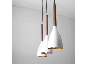 4251334761747 - Licht-erlebnisse - Weiße Hängelampe im Retro Design mit Holz E27 Esstisch - Weiß Rotgold dunkles Holz