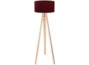 4251334898214 - Licht-erlebnisse - Stehlampe Dreibein 140 cm E27 Rot Natur Stoff Holz Retro Stehleuchte - Kiefer Bordeaux Rot Silber