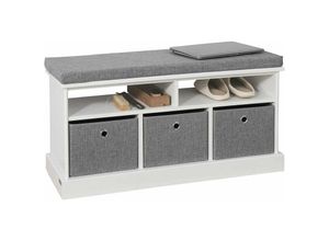 4251388605998 - FSR67-HG Schuhtruhe Sitzkommode Schuhschrank mit 3 grauen Körben und Ablage Sitzbank mit Sitzkissen Spielzeugkiste weiß bht ca 96x50x35cm - Sobuy