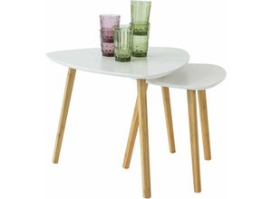 4251388606599 - FBT74-W 2er Set Beistelltisch mit Ablagen Couchtisch Sofatisch Kaffeetisch Satztisch Bambus Weiß Natur - Sobuy