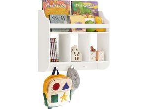 4251388617205 - KMB46-W Kinderregal Bücherregal für Kinder Wandregal Hängeregal Wandgarderobe mit 3 Haken Aufbewahrungsregal mit Ablagen für Bücher und Deko weiß bht