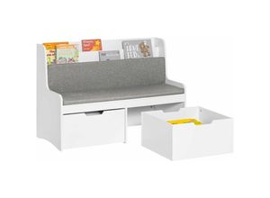 4251388624609 - KMB66-W Kinder Sitzbank mit Bücherregal Spielzeugtruhe Spielzeugkiste Aufbewahrungsbox mit Rollen Schuhbank mit Sitzkissen Weiß bht ca 100x70x45cm