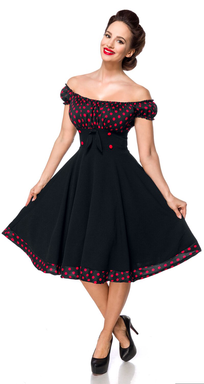 4251393729078 - Schulterfreies Swing-Kleid Mittellanges Kleid schwarz rot in M