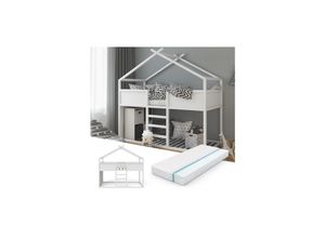 4251421939615 - VITALISPA Hochbett Merlin - Spielbett Kinderbett Erle weiß Jugendbett Hausbett + Matratze