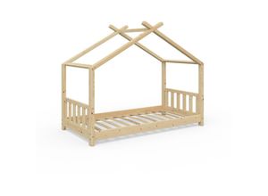 4251421941854 - VITALISPA Kinderbett Hausbett DESIGN 80x160cm Natur Zaun Kinder Holz Haus Hausbett