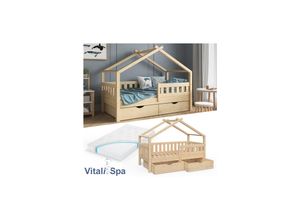 4251421944220 - Kinderbett Design 160x80cm Natur mit Matratze Rausfallschutz und Schubladen Vitalispa